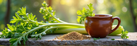 Fresh parsley stalks and ceramic mug with ground spice on stone surface outdoors. That the image is generated using AI.の素材