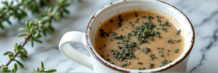 Creamy herb soup in white mug with fresh rosemary on marble table. That the image is generated using AI.の素材