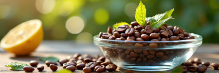 Fresh coffee beans in glass bowl with green leaves and lemon on wooden table outdoors. That the image is generated using AI.の素材
