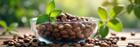 Fresh coffee beans in glass bowl with mint leaves on rustic wooden table. That the image is generated using AI.の素材