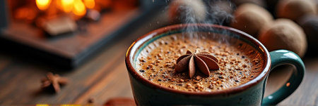 Warm cocoa in a ceramic cup by a cozy fireplace with marshmallows and cinnamon. That the image is generated using AI.の素材
