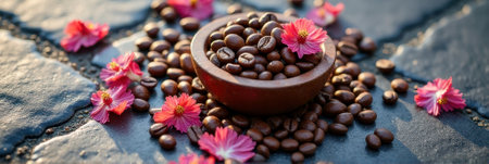 Coffee beans with pink flowers on stone surface. That the image is generated using AI.の素材