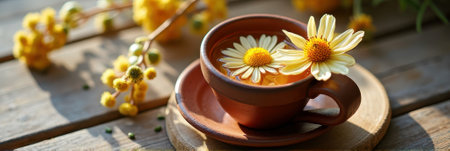 Warm sunlit chamomile tea with fresh blossoms on rustic table. That the image is generated using AI.の素材