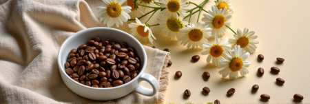 Coffee beans in white cup surrounded by chamomile flowers on light fabric. That the image is generated using AI.の素材