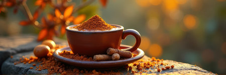 Autumn sunlit cup of spiced cocoa with cinnamon and nutmeg on rustic table. That the image is generated using AI.の素材