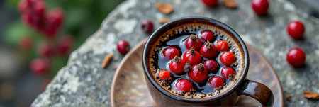 Aromatic coffee with fresh cranberries in rustic cup on stone surface. That the image is generated using AI.の素材