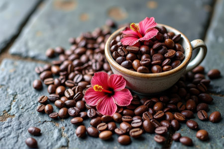 Coffee beans with hibiscus flowers on rustic slate surface. That the image is generated using AI.の素材