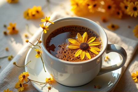 Cup of coffee with yellow flowers on table in sunlight. That the image is generated using AI.の素材