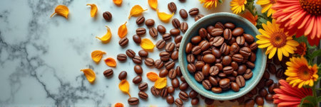 Coffee beans with flowers on marble surface. That the image is generated using AI.の素材