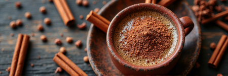 Warm cinnamon coffee in rustic ceramic mug on wooden table. That the image is generated using AI.の素材