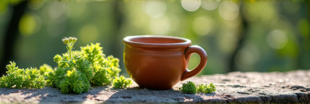 Rustic ceramic mug with fresh greenery on stone ledge in sunlit garden. That the image is generated using AI.の素材