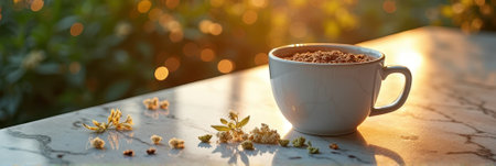 Morning sunlight illuminating hot coffee cup on marble table with flowers. That the image is generated using AI.の素材