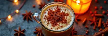 Cozy autumn latte with cinnamon against warm candlelight and festive lights. That the image is generated using AI.の素材