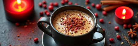 Cozy spiced coffee with berries and cinnamon candles on dark tabletop. That the image is generated using AI.の素材