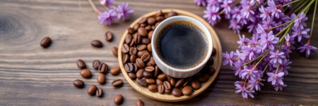 Cup of coffee with beans and purple flowers on wooden tabletop. That the image is generated using AI.の素材
