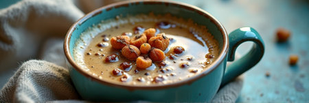 Creamy lentil soup with crispy chickpeas in blue ceramic bowl. That the image is generated using AI.の素材