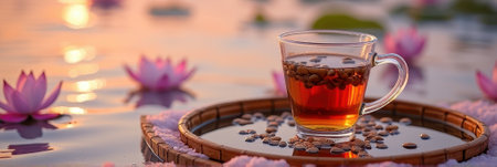 Serene sunset tea with coffee beans on tranquil water with pink lotus flowers. That the image is generated using AI.の素材