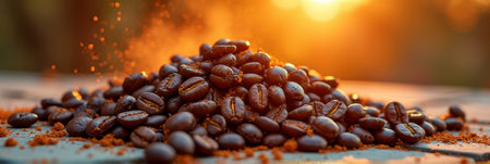 Roasted coffee beans in sunlight with ground coffee falling and glowing sunset background. That the image is generated using AI.の素材