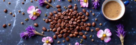 Coffee beans and flowers on marble surface with cup of coffee. That the image is generated using AI.の素材