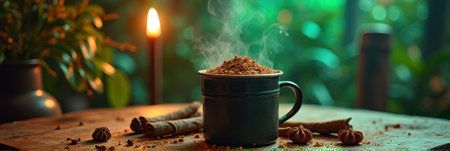 Steaming mug of spiced tea with cinnamon and anise on rustic table. That the image is generated using AI.の素材
