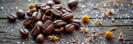 Roasted coffee beans and star anise on rustic wooden table. That the image is generated using AI.の素材