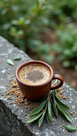Warm espresso coffee in brown mug with greenery background outdoors. That the image is generated using AI.の素材