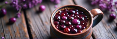 Warm berry-infused beverage in rustic mug with purple accents on wooden table. That the image is generated using AI.の素材