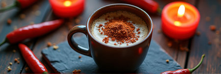 Spicy hot chocolate with red chilies and candlelit ambiance on rustic slate. That the image is generated using AI.の素材