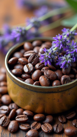 Lavender-infused coffee beans in brass bowl with purple flowers. That the image is generated using AI.の素材
