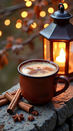 Warm cozy autumn evening with coffee and lantern light. That the image is generated using AI.の素材