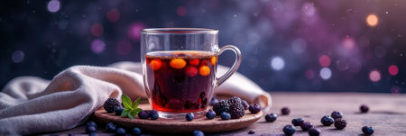 Warm berry tea in glass mug with mint on wooden table in cozy setting. That the image is generated using AI.の素材