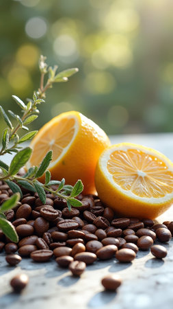 Fresh lemons and coffee beans with greenery in sunlight. That the image is generated using AI.の素材