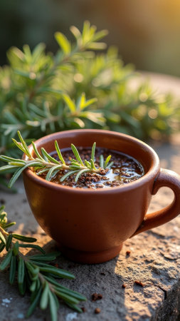 Warm rustic mug of herbal tea with rosemary garnish in sunlit garden. That the image is generated using AI.の素材