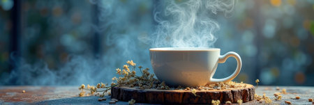 Steaming cup of tea on wooden table with dried flowers in peaceful outdoor setting. That the image is generated using AI.の素材