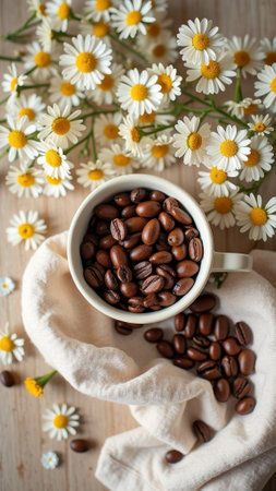 Coffee beans in cup with daisies on wooden table for a cozy rustic morning. That the image is generated using AI.の素材
