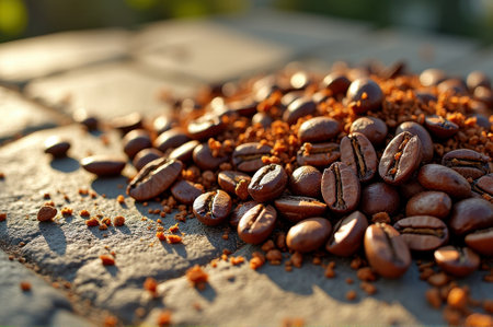 Close-up of roasted coffee beans and grounds on stone surface in sunlight. That the image is generated using AI.の素材