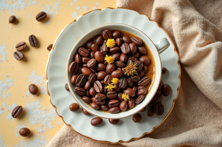 Coffee beans in cup with floral garnish on rustic saucer. That the image is generated using AI.の素材