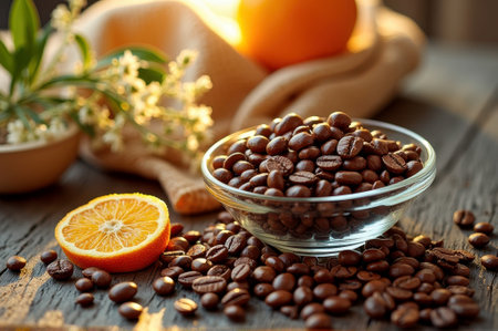 Fresh coffee beans and orange slice on rustic table with soft light. That the image is generated using AI.の素材