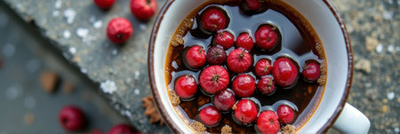 Cup of fresh red berries floating on dark liquid with rustic stone background. That the image is generated using AI.の素材