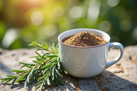 Fresh rosemary herb next to white cup filled with ground spices on sunlit stone surface. That the image is generated using AI.の素材