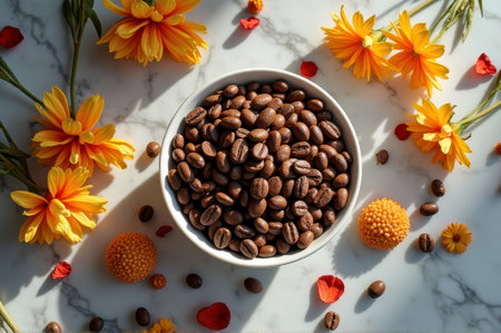 Bowl of coffee beans surrounded by bright marigold flowers on marble surface. That the image is generated using AI.の素材