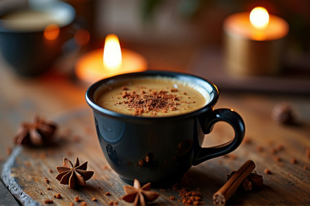 Cozy winter scene with spiced coffee and candles on wooden table. That the image is generated using AI.の素材
