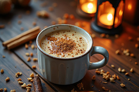 Cozy autumn evening with cinnamon latte and candlelight ambiance. That the image is generated using AI.の素材