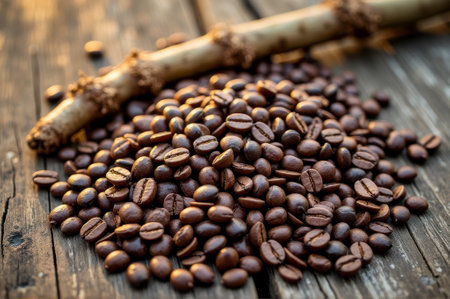 Fresh coffee beans on wooden table with bamboo stick. That the image is generated using AI.の素材