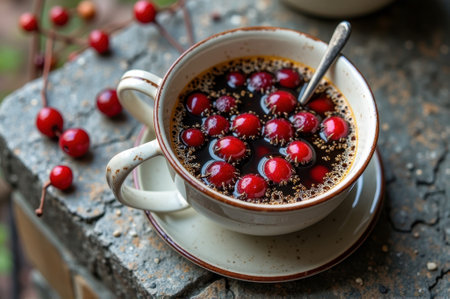 Rustic stone table with coffee and fresh red berries in ceramic cup. That the image is generated using AI.の素材