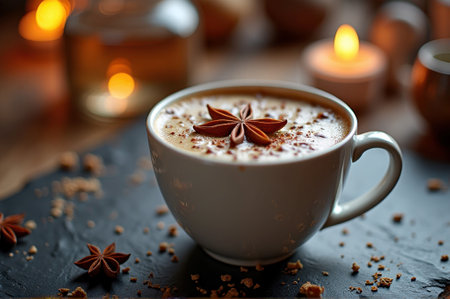 Warm spiced latte with star anise and cinnamon in cozy ambient light. That the image is generated using AI.の素材