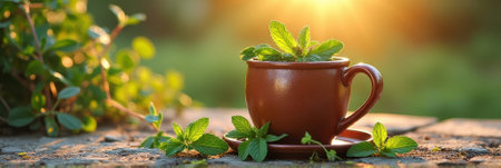 Morning sunlit mint tea in brown cup with fresh leaves on rustic table. That the image is generated using AI.の素材