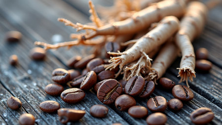 Ginseng root and coffee beans on rustic wooden surface. That the image is generated using AI.の素材
