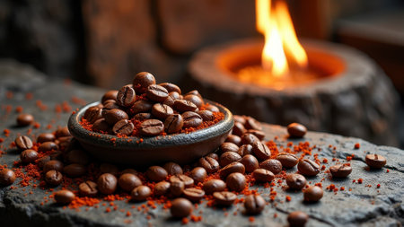 Rustic coffee beans on stone surface near cozy fire. That the image is generated using AI.の素材