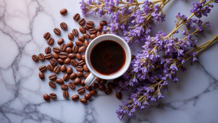Coffee cup and purple flowers arrangement on marble surface. That the image is generated using AI.の素材